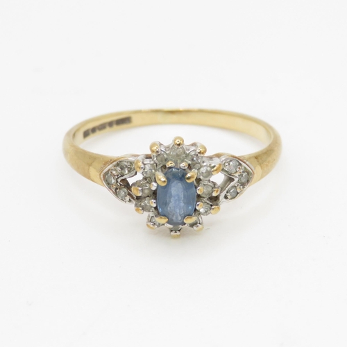 63 - 9ct gold diamond & sapphire oval cluster ring (1.7g) Size M 1/2