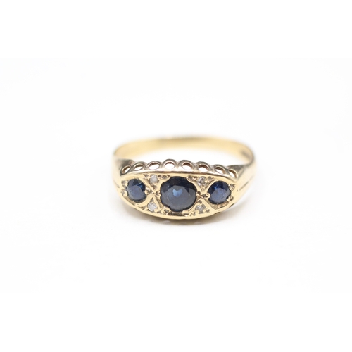 117 - 9ct gold sapphire and diamond flat setting ring (1.8g) Size R