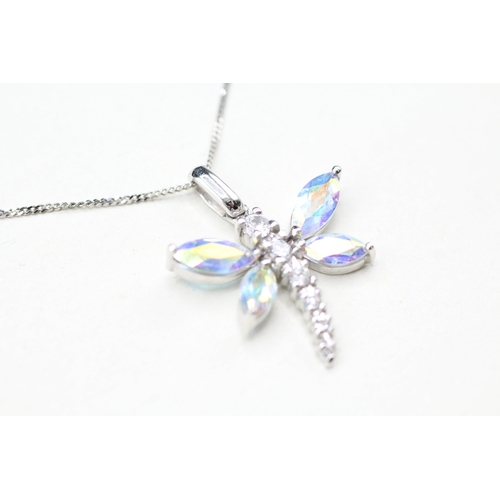 129 - 9ct gold mystic topaz & cubic zirconia dragonfly pendant necklace (2.4g)