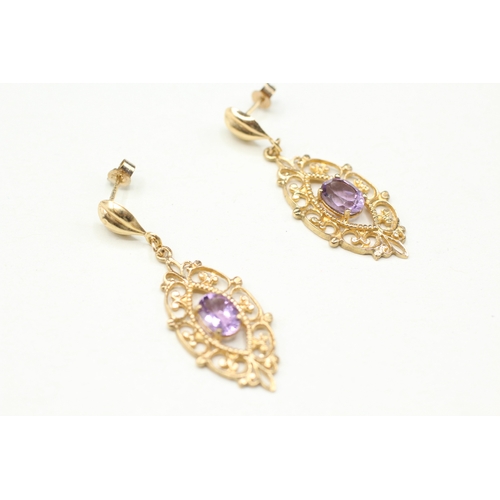 138 - 9ct gold amethyst drop earrings (2.9g)