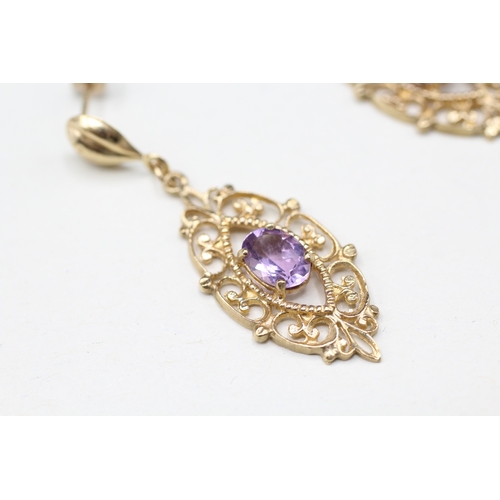 138 - 9ct gold amethyst drop earrings (2.9g)