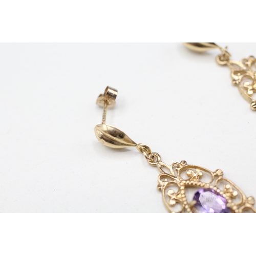 138 - 9ct gold amethyst drop earrings (2.9g)