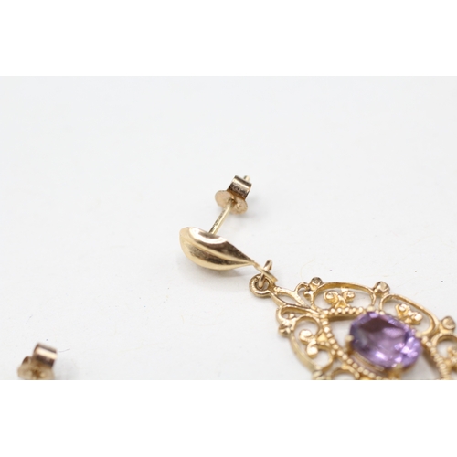 138 - 9ct gold amethyst drop earrings (2.9g)