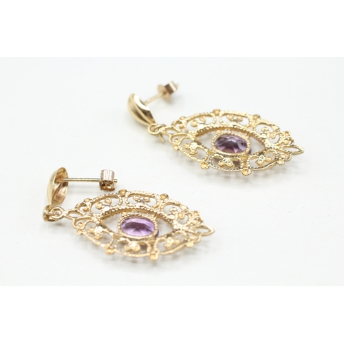 138 - 9ct gold amethyst drop earrings (2.9g)