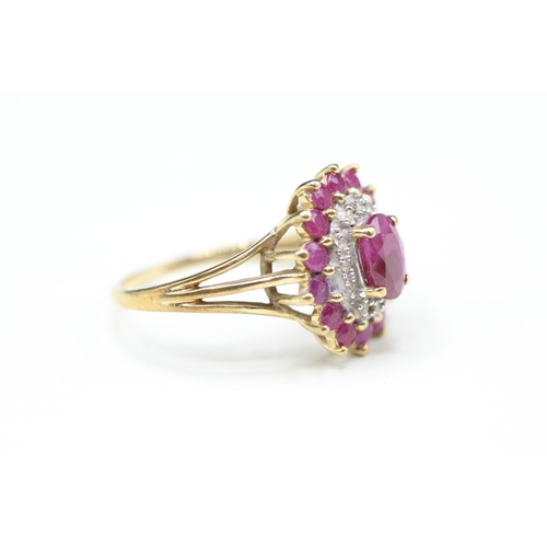 14 - 9ct gold ruby and diamond halo ring (3.5g) Size R