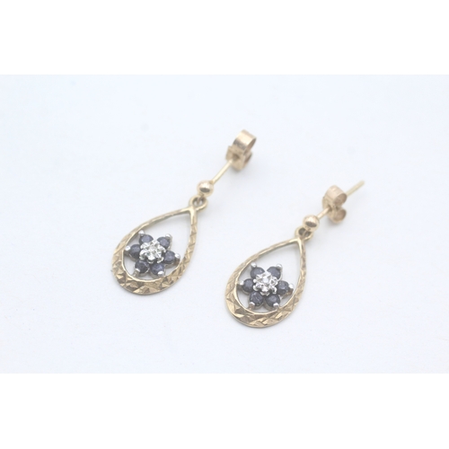 149 - 9ct gold diamond & sapphire floral cluster drop earrings (1.8g)