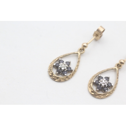 149 - 9ct gold diamond & sapphire floral cluster drop earrings (1.8g)