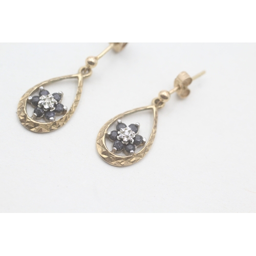 149 - 9ct gold diamond & sapphire floral cluster drop earrings (1.8g)