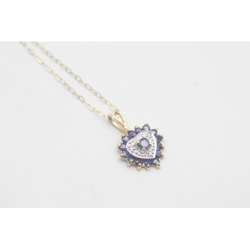 150 - 9ct gold diamond & sapphire heart pendant necklace (1.3g)