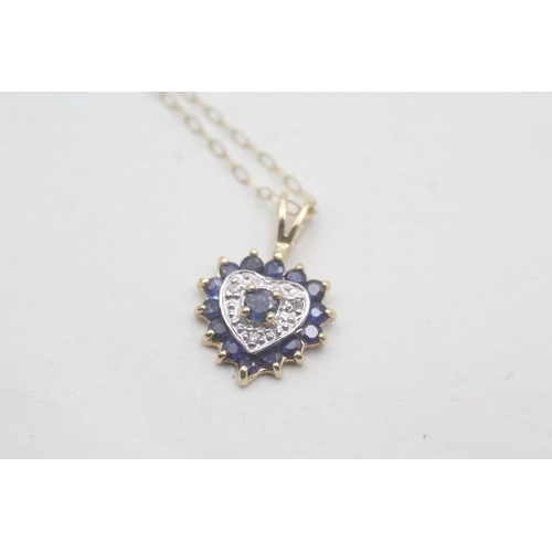 150 - 9ct gold diamond & sapphire heart pendant necklace (1.3g)