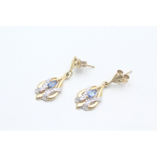 185 - 9ct gold diamond and sapphire set drop earrings (2.3g)