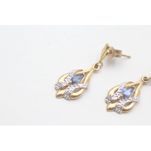 185 - 9ct gold diamond and sapphire set drop earrings (2.3g)