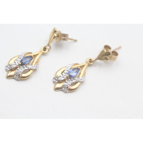 185 - 9ct gold diamond and sapphire set drop earrings (2.3g)