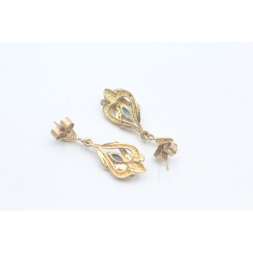 185 - 9ct gold diamond and sapphire set drop earrings (2.3g)