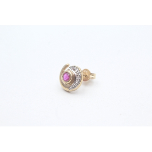 193 - 9ct gold diamond and ruby swirl stud earrings (2g)