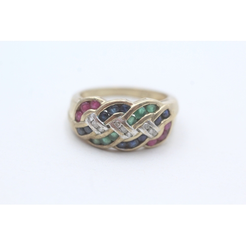 197 - 9ct gold emerald, ruby, sapphire and diamond set dress ring (4g) Size N