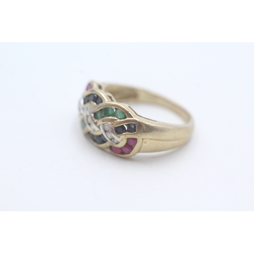 197 - 9ct gold emerald, ruby, sapphire and diamond set dress ring (4g) Size N