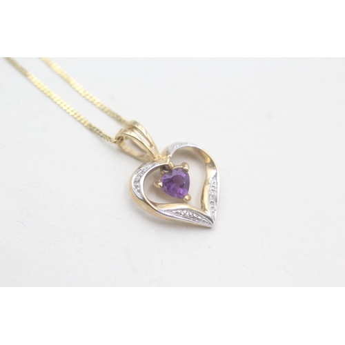 198 - 9ct gold diamond and amethyst set open heart pendant necklace (1.8g)