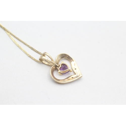 198 - 9ct gold diamond and amethyst set open heart pendant necklace (1.8g)