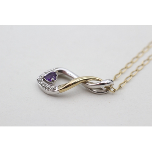 203 - 9ct gold and silver diamond and amethyst set pendant on a 9ct gold chain (3.3g)