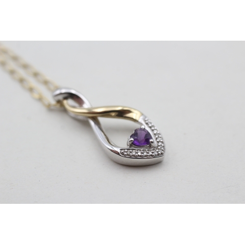 203 - 9ct gold and silver diamond and amethyst set pendant on a 9ct gold chain (3.3g)