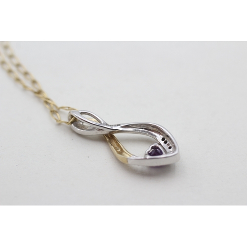 203 - 9ct gold and silver diamond and amethyst set pendant on a 9ct gold chain (3.3g)