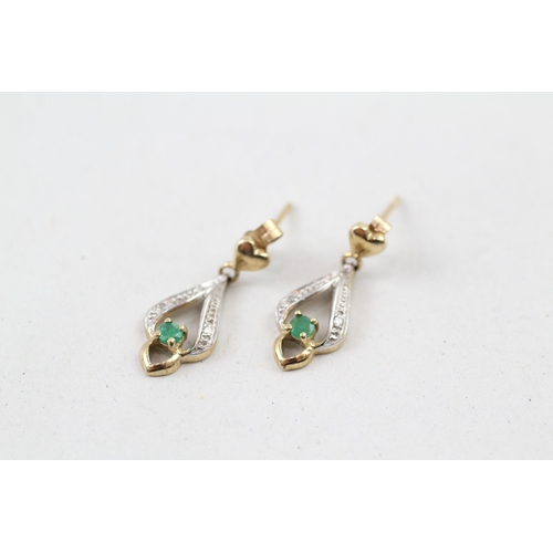 249 - 9ct gold emerald & diamond drop earrings (1.2g)