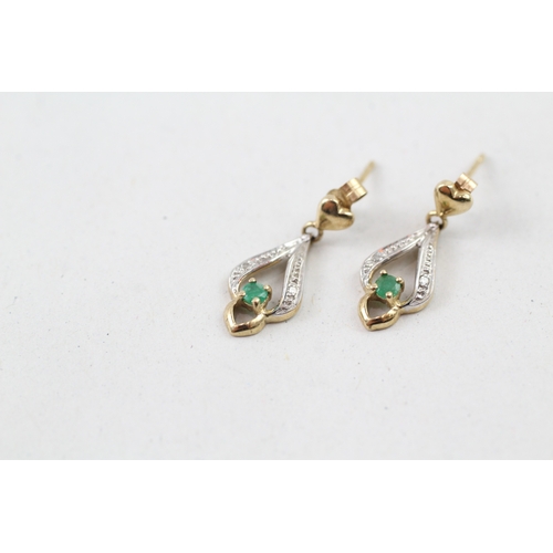 249 - 9ct gold emerald & diamond drop earrings (1.2g)