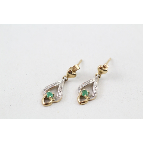 249 - 9ct gold emerald & diamond drop earrings (1.2g)