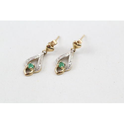 249 - 9ct gold emerald & diamond drop earrings (1.2g)