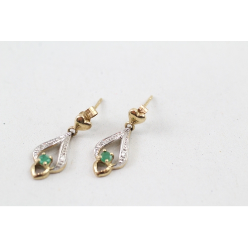 249 - 9ct gold emerald & diamond drop earrings (1.2g)