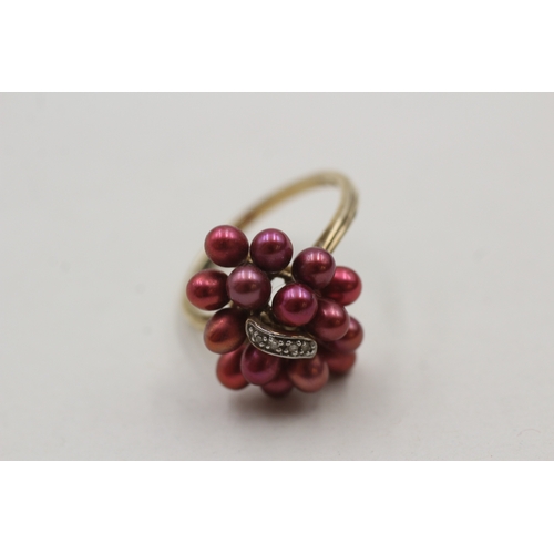 3 - 9ct gold diamond and red cultured pearl cocktail ring (5g) as seen - stone missing  Size W