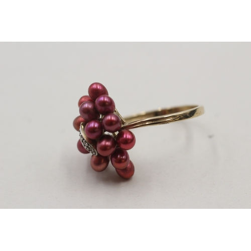 3 - 9ct gold diamond and red cultured pearl cocktail ring (5g) as seen - stone missing  Size W