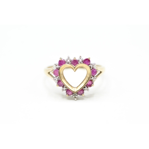 52 - 9ct gold ruby and diamond heart ring (2.3g) Size O