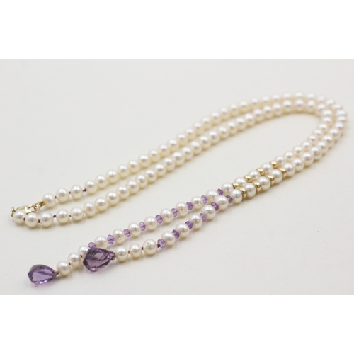 56 - 9ct gold amethyst and cultured pearl necklace (23.3g)