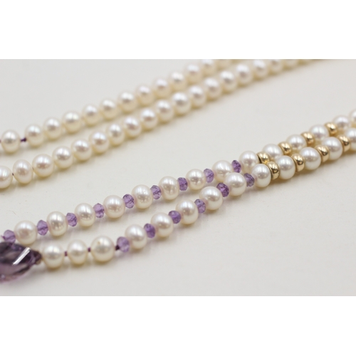 56 - 9ct gold amethyst and cultured pearl necklace (23.3g)