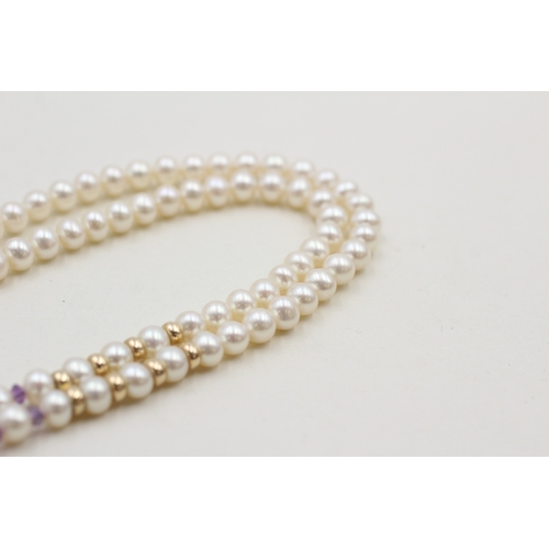 56 - 9ct gold amethyst and cultured pearl necklace (23.3g)