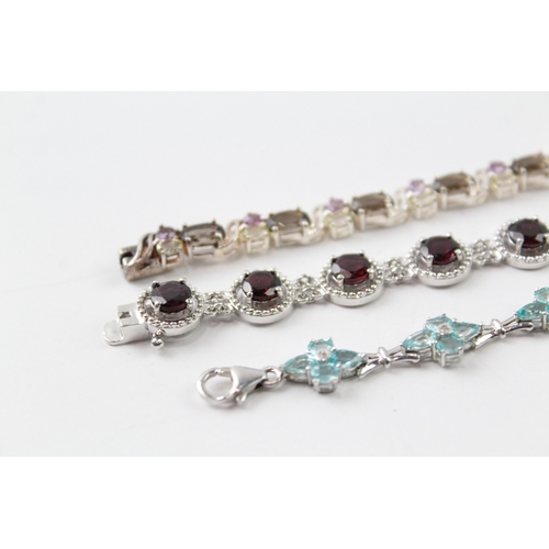 256 - Collection of Sterling Silver Gemstone Bracelets inc. Topaz, Garnet x 3 34g