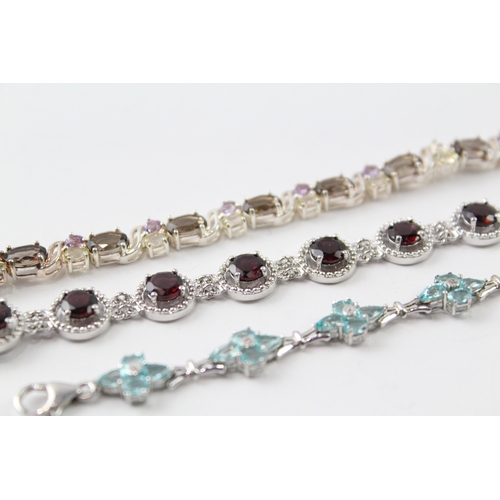 256 - Collection of Sterling Silver Gemstone Bracelets inc. Topaz, Garnet x 3 34g