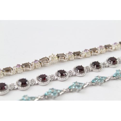 256 - Collection of Sterling Silver Gemstone Bracelets inc. Topaz, Garnet x 3 34g