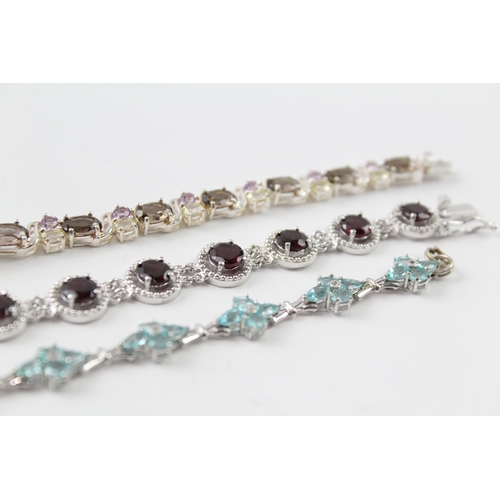 256 - Collection of Sterling Silver Gemstone Bracelets inc. Topaz, Garnet x 3 34g