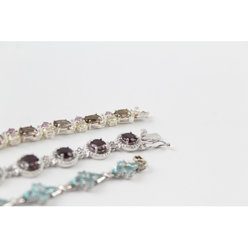 256 - Collection of Sterling Silver Gemstone Bracelets inc. Topaz, Garnet x 3 34g