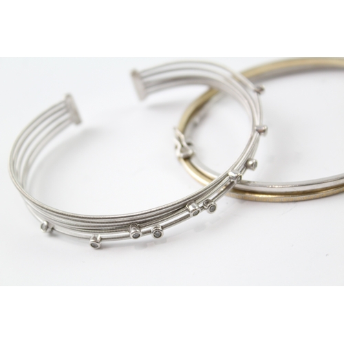 258 - Collection of Sterling Silver Bangles inc. CZ, Bonded Gold, Modernist x 3 38g