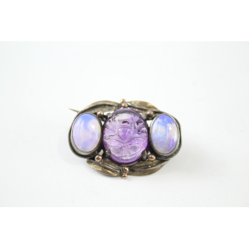 270 - Arts & Crafts Sterling Silver Opalised Glass & Carved Amethyst Brooch 7g