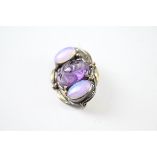 270 - Arts & Crafts Sterling Silver Opalised Glass & Carved Amethyst Brooch 7g