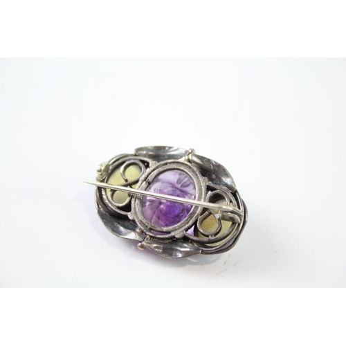 270 - Arts & Crafts Sterling Silver Opalised Glass & Carved Amethyst Brooch 7g