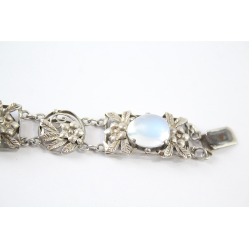 311 - Arts & Crafts Silver Panel Bracelet w/ Glass Cabochons & Floral Designs 21g