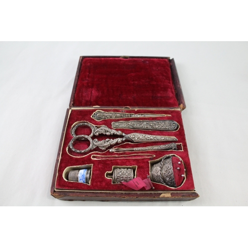 324 - Antique / Vintage 8 Piece .950 Silver Haberdashery Set In Fitted Case (76g)