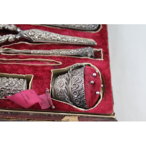 324 - Antique / Vintage 8 Piece .950 Silver Haberdashery Set In Fitted Case (76g)