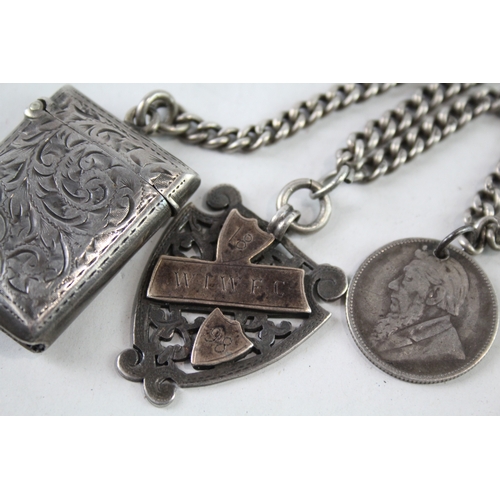 344 - Edwardian 1903 Birmingham Sterling Silver Vesta Case w/ .925 Silver Fob Etc 63g